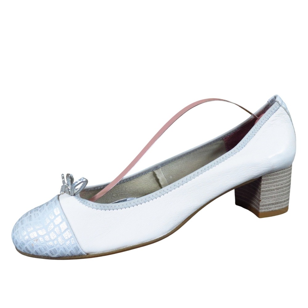 Folies Tamara Women Heel Size 38 Dress Office‎ White Silver Leather Bow Pump